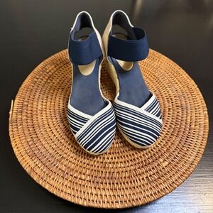 Chaps Womens Navy White Striped Espadrille Wedge Sandals Elastic Ankle Strap